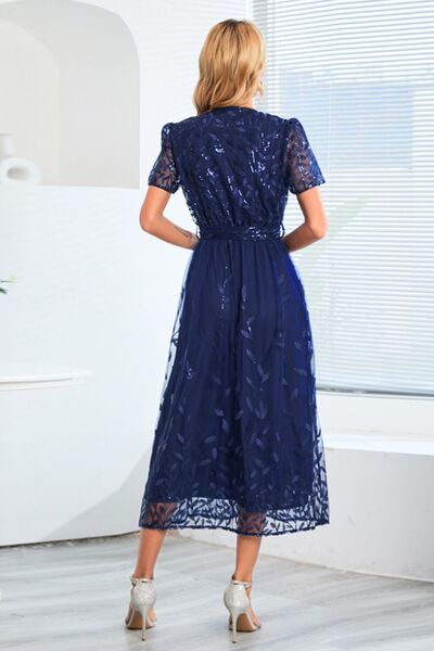 Sequin Leaf Embroidery Tie Front Short Sleeve Dress |1mrk.com