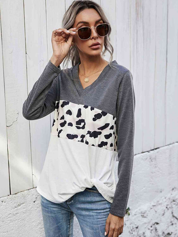 Leopard Color Block V-Neck Twisted Tee | 1mrk.com