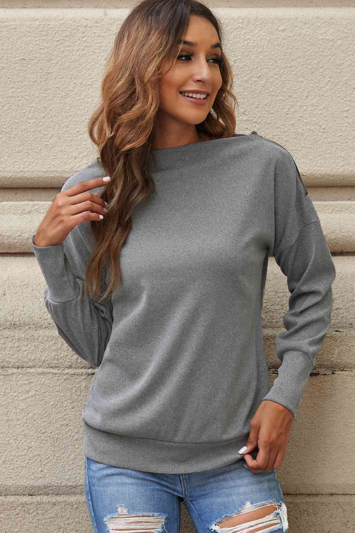 Zipper Detail Boat Neck Dropped Shoulder Sweatshirt |1mrk.com