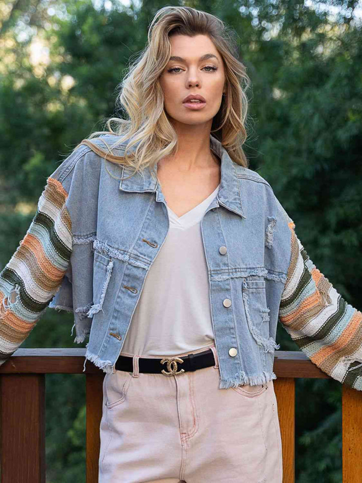 Distressed Striped Long Sleeve Denim Jacket | 1mrk.com