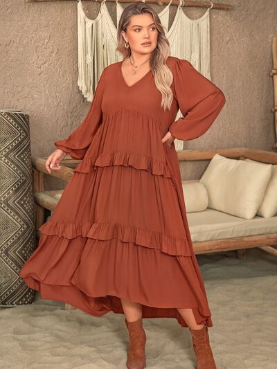 Plus Size Ruffled V-Neck Balloon Sleeve Dress |1mrk.com