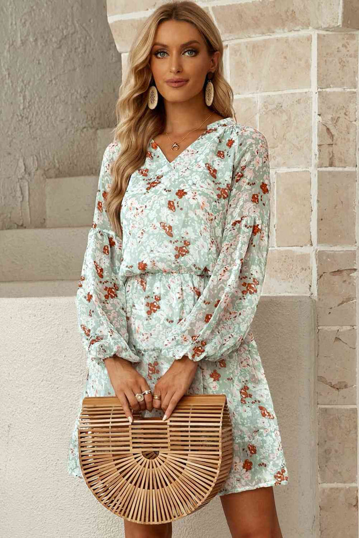 Floral Frill Trim Puff Sleeve Notched Neck Dress |1mrk.com