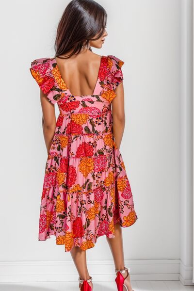 Ruffled Floral Square Neck Tiered Dress |1mrk.com