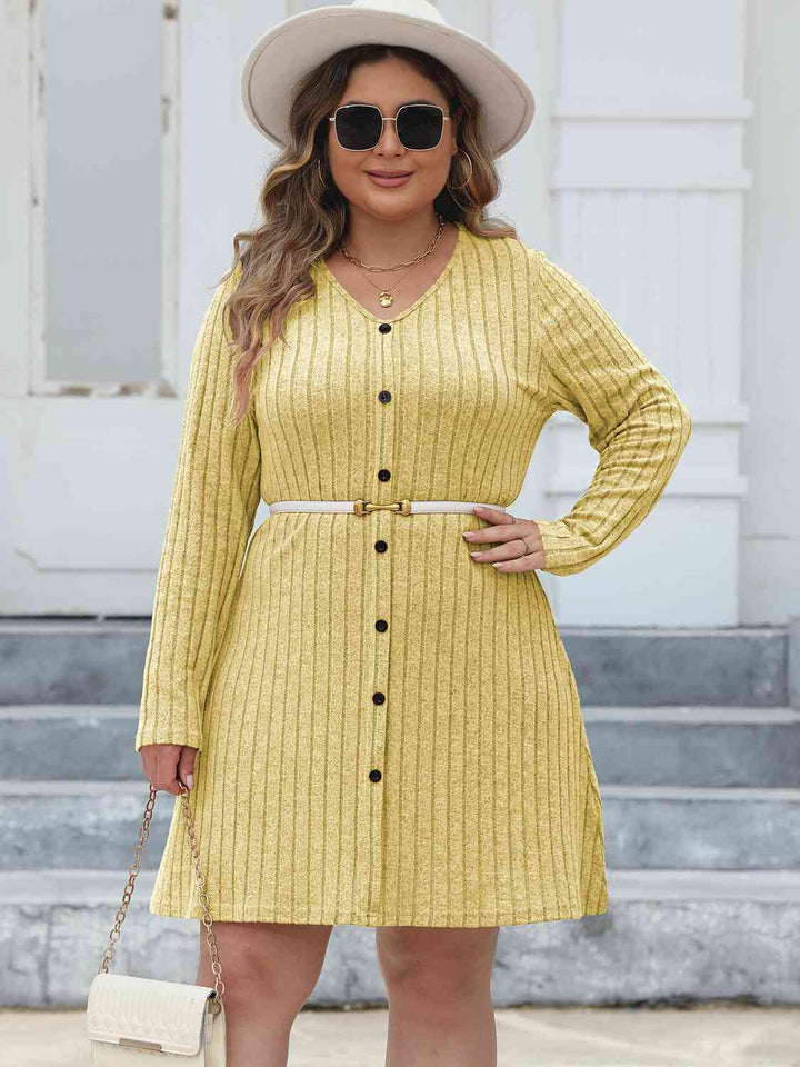 Plus Size Ribbed Buttoned V-Neck Long Sleeve Dress |1mrk.com