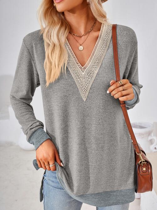 Crochet Contrast V-Neck Long Sleeve Slit T-Shirt | 1mrk.com