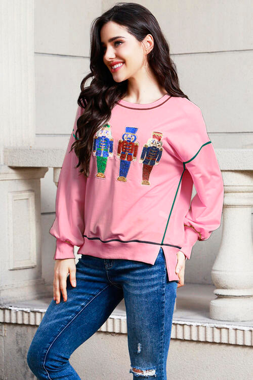 Sequin Nutcracker Round Neck Slit Sweatshirt |1mrk.com