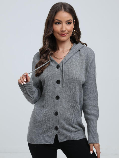 Button Down Drawstring Hooded Cardigan |1mrk.com