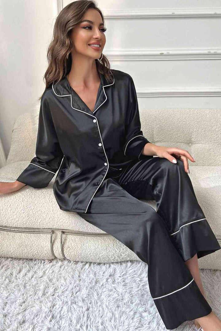 Contrast Piping Button-Up Top and Pants Pajama Set | 1mrk.com