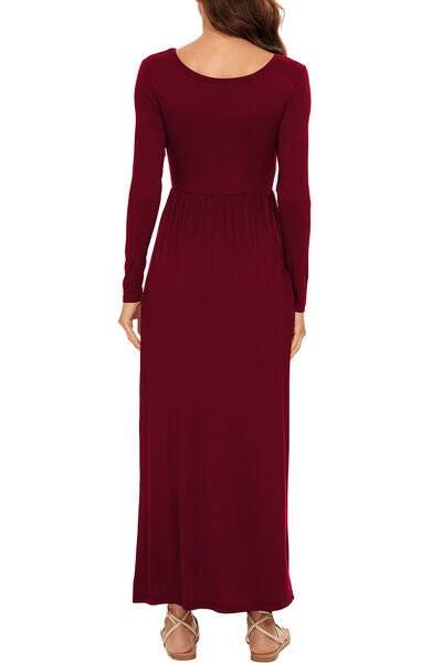 Round Neck Long Sleeve Pocketed Maxi Dress |1mrk.com