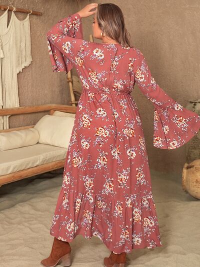 Plus Size Printed Half Button Flare Sleeve Dress |1mrk.com