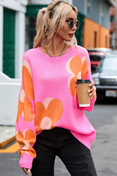 Flower Round Neck Dropped Shoulder Sweater |1mrk.com