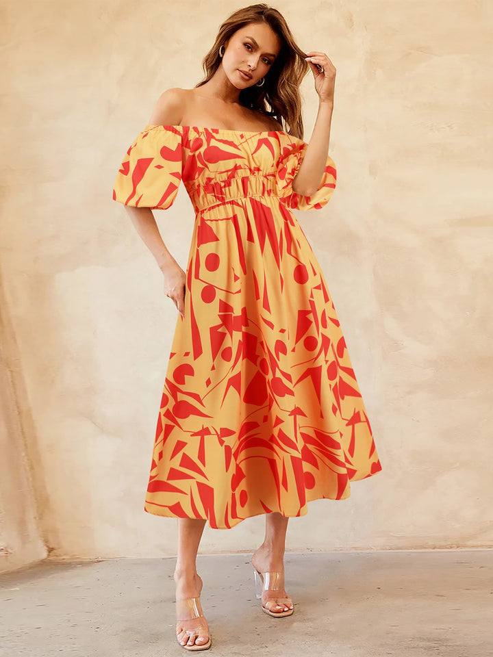 Printed Off-Shoulder Balloon Sleeve Dress | Trendsi