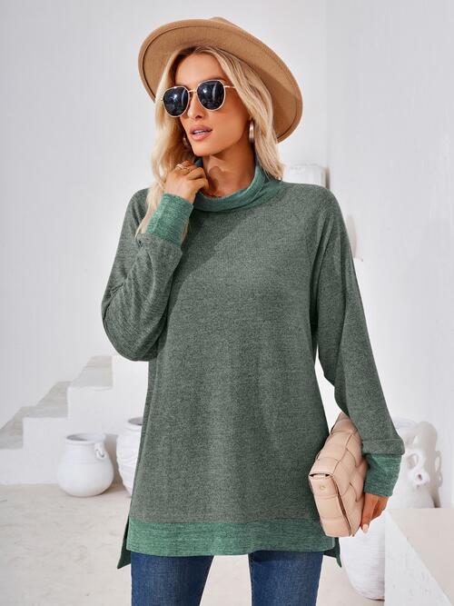 Contrast Mock Neck Long Sleeve T-Shirt | 1mrk.com