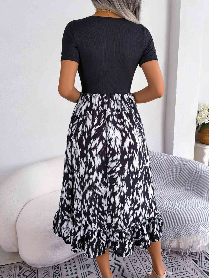 Printed Round Neck Ruffle Hem Dress |1mrk.com