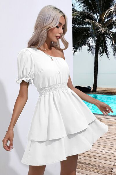 Layered Single Shoulder Flounce Sleeve Mini Dress |1mrk.com