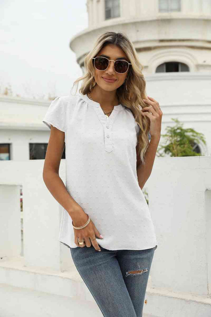 Swiss Dot Notched Neck Short Sleeve Top | 1mrk.com