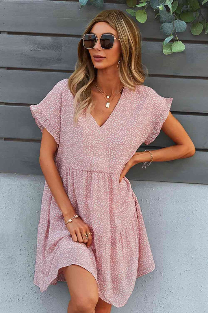 Printed V-Neck Short Sleeve Tiered Dress |1mrk.com