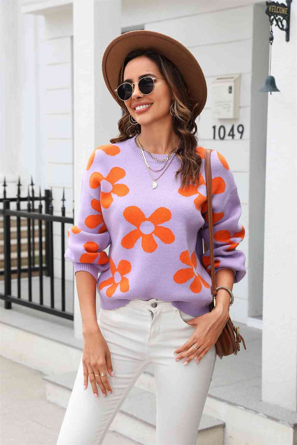 Floral Print Round Neck Dropped Shoulder Pullover Sweater |1mrk.com