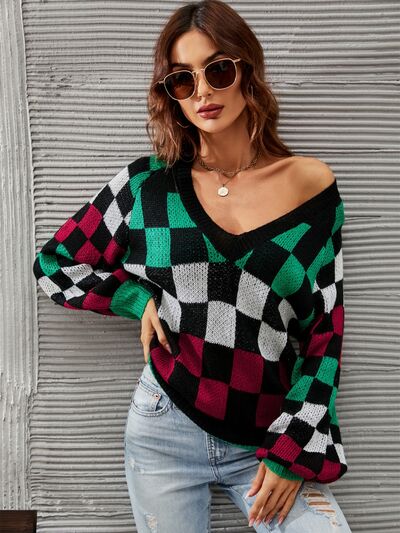 Checkered V-Neck Lantern Sleeve Sweater |1mrk.com