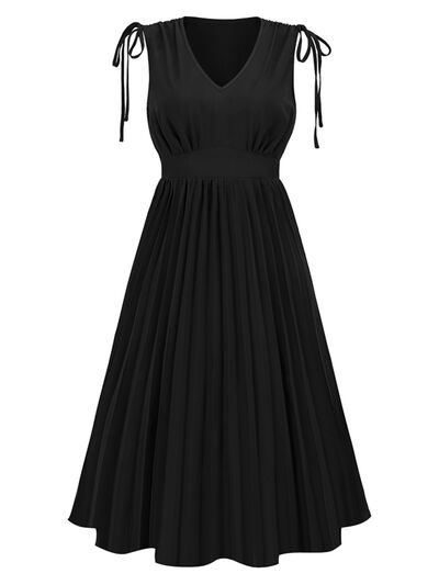 Pleated V-Neck Sleeveless Midi Dress |1mrk.com