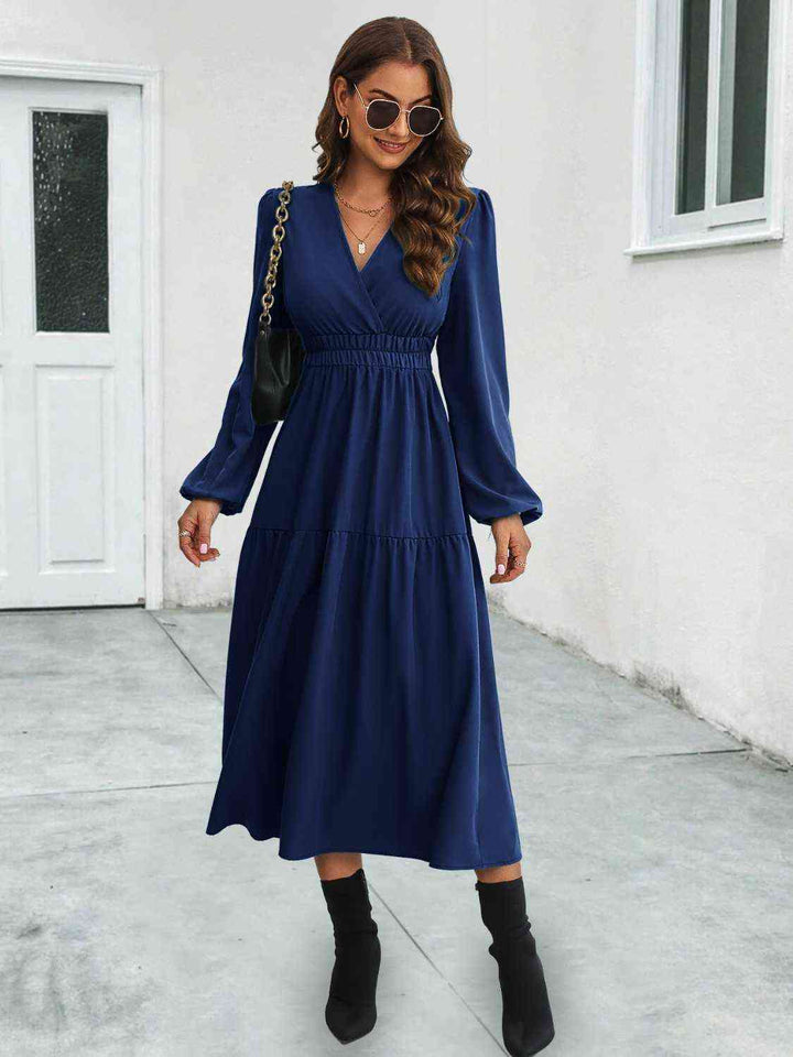 Surplice Neck Long Sleeve Midi Dress | 1mrk.com