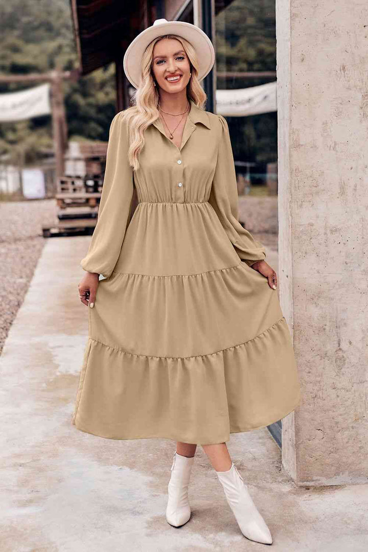 Collared Neck Long Sleeve Midi Dress |1mrk.com