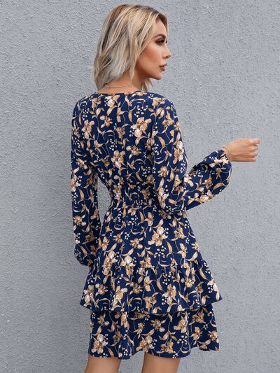 Floral Layered Surplice Balloon Sleeve Dress |1mrk.com