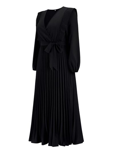 Pleated Surplice Tie Waist Maxi Dress |1mrk.com