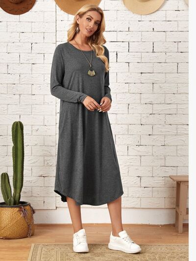 Pocketed Round Neck Long Sleeve Tee Dress | Trendsi