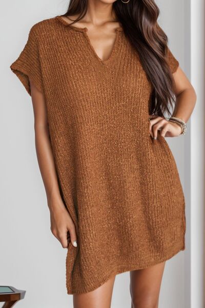 Notched Cap Sleeve Mini Sweater Dress |1mrk.com