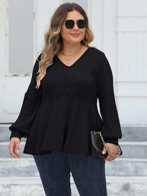 Plus Size Ribbed V-Neck Long Sleeve Blouse | 1mrk.com