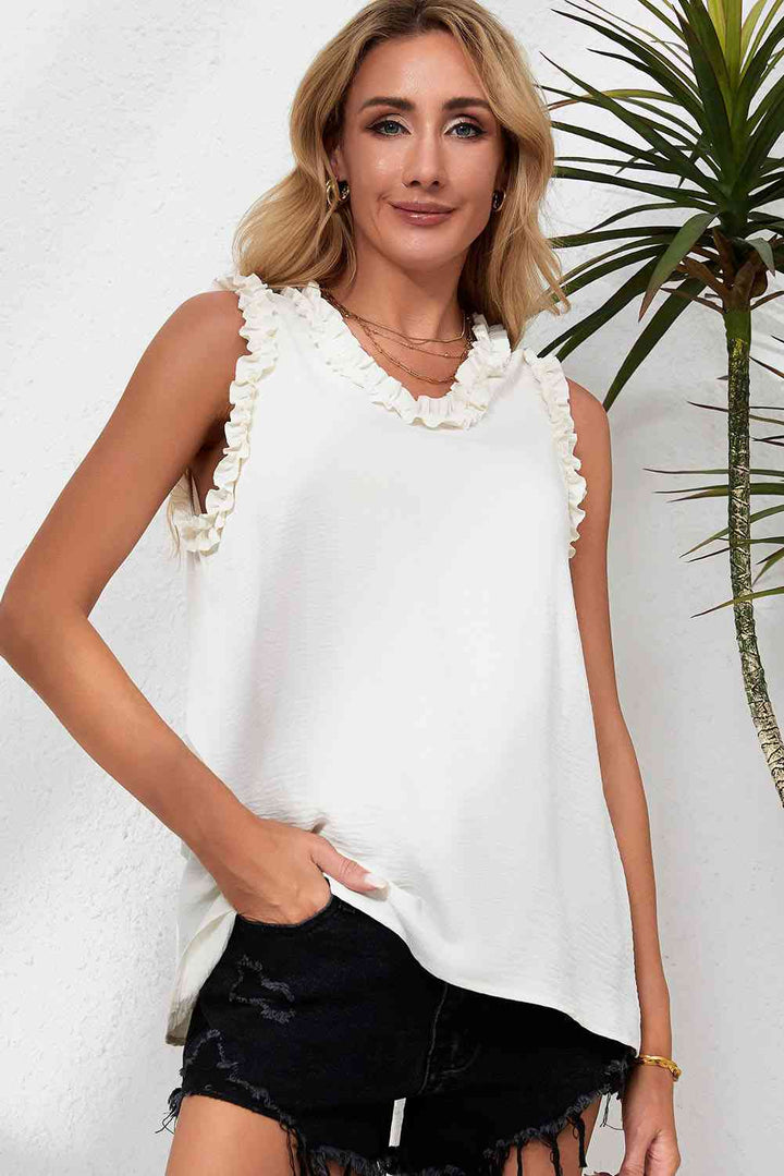 Frilled Trim V-Neck Textured Tank | 1mrk.com