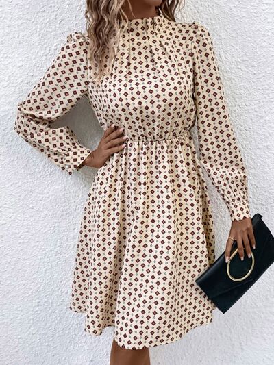 Printed Ruched Mock Neck Long Sleeve Dress |1mrk.com