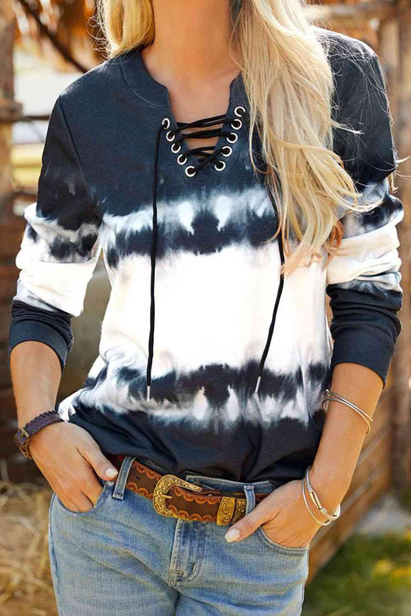 Printed Notched Neck Lace-Up Sweatshirt |1mrk.com