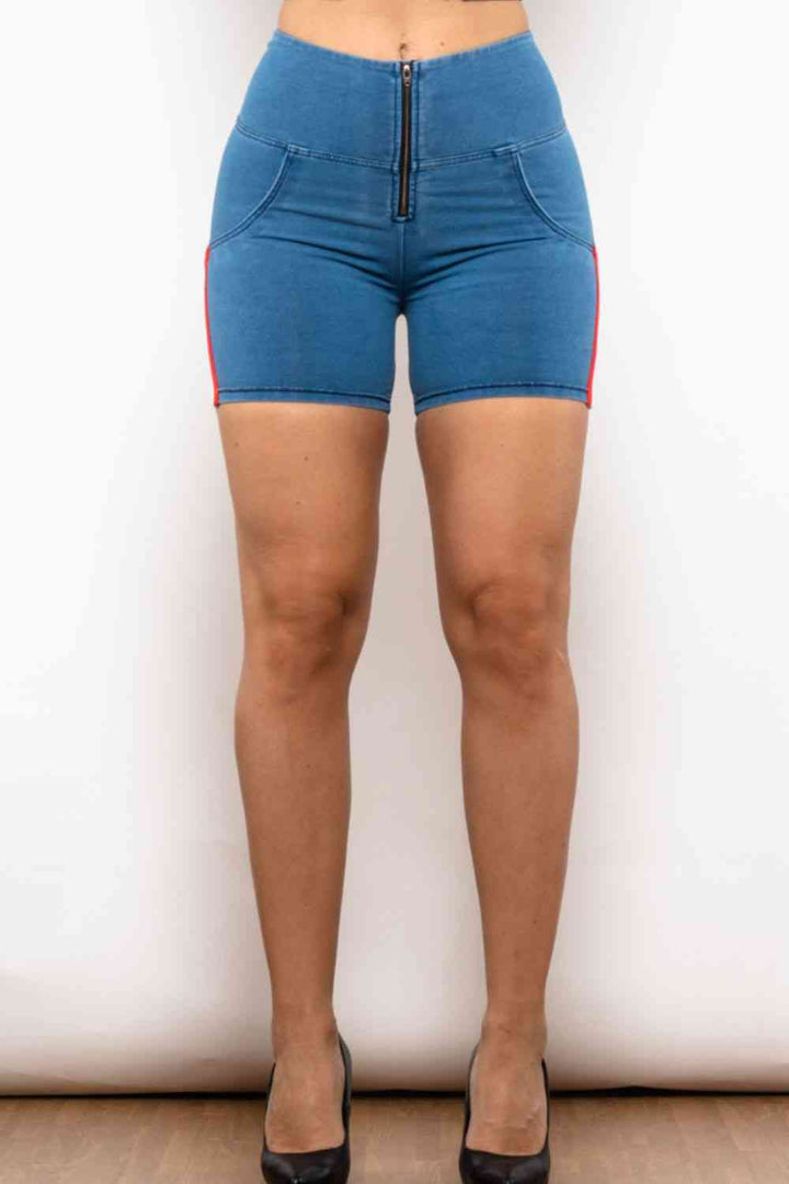 Full Size Side Stripe Zip Closure Denim Shorts |1mrk.com