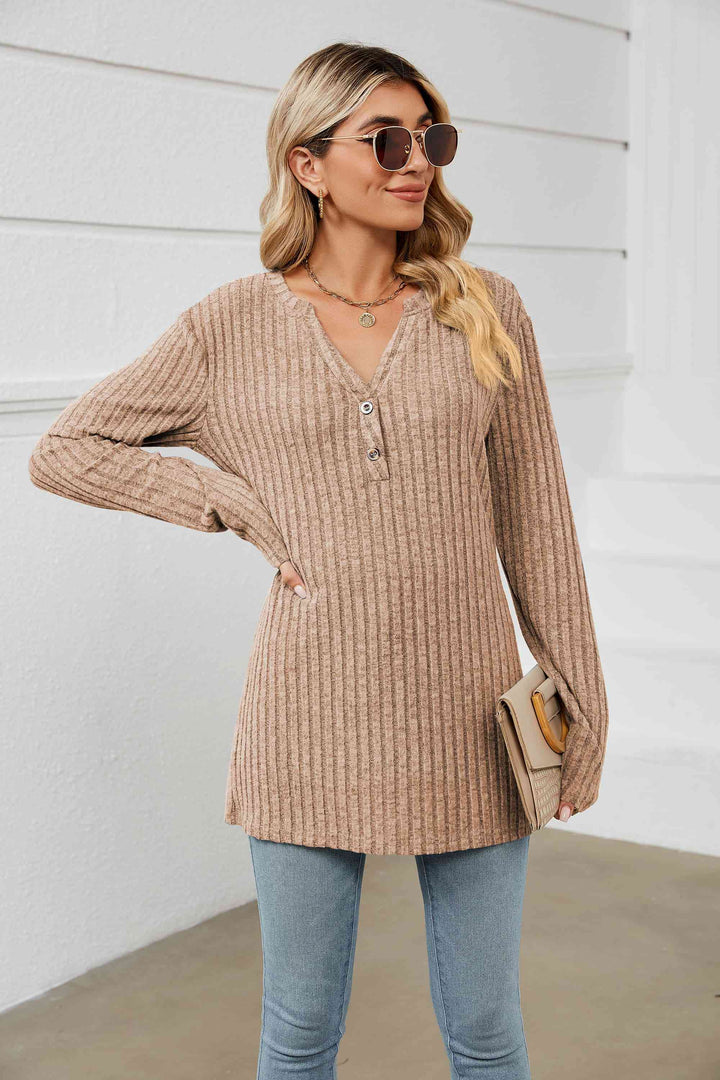 Notched Neck Ribbed Long Sleeve T-Shirt | 1mrk.com