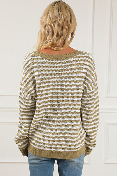 Striped V-Neck Dropped Shoulder Sweater |1mrk.com