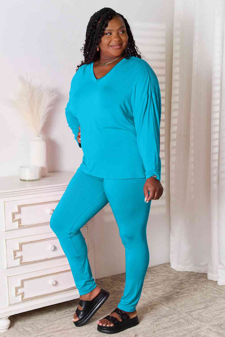 Basic Bae Full Size V-Neck Soft Rayon Long Sleeve Top and Pants Lounge Set | 1mrk.com