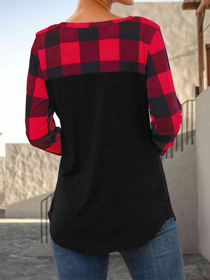 Plaid Round Neck Long Sleeve T-Shirt | 1mrk.com