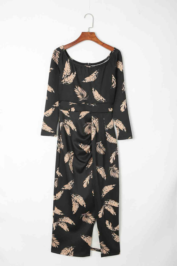 Printed Round Neck Slit Midi Dress |1mrk.com