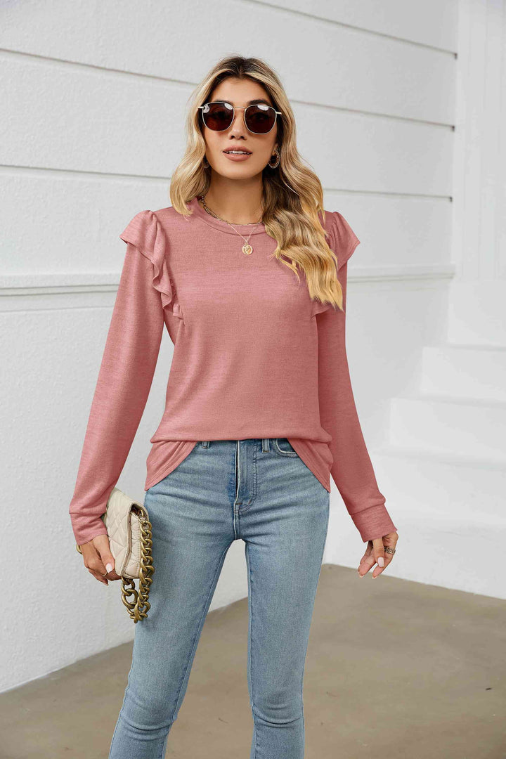 Ruffle Shoulder Long Sleeve T-Shirt | 1mrk.com