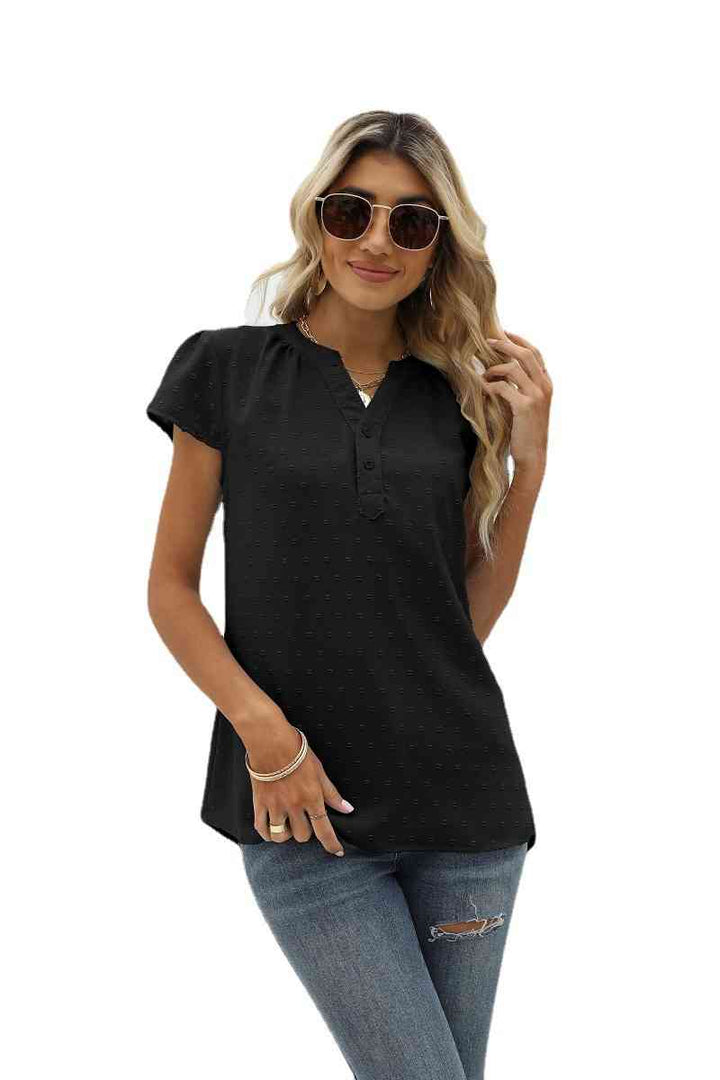 Swiss Dot Notched Neck Short Sleeve Top | 1mrk.com