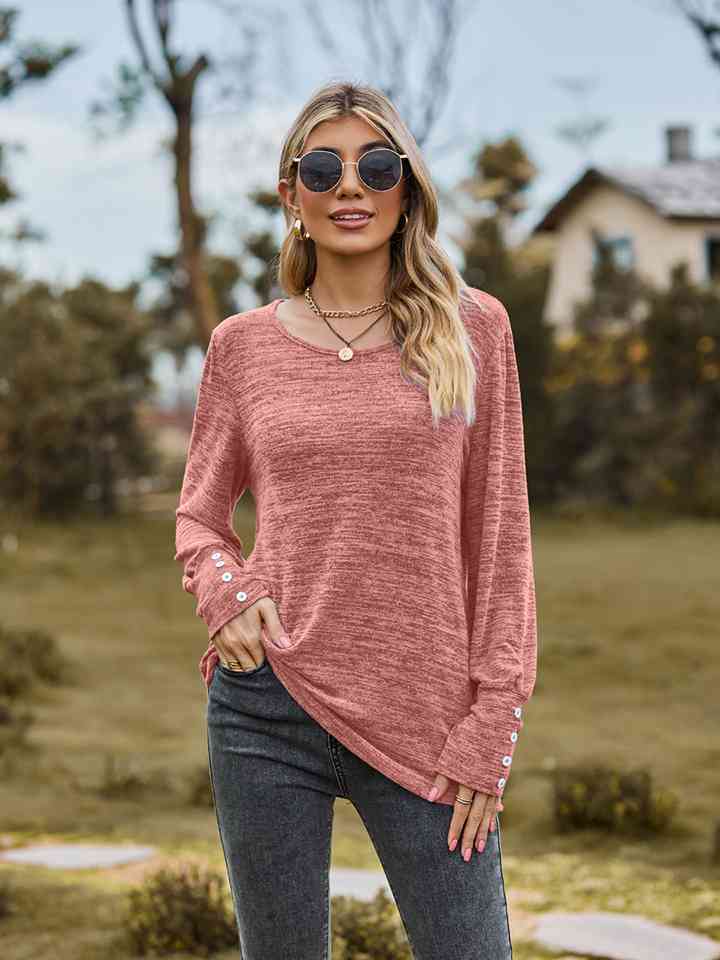 Round Neck Long Sleeve Buttoned T-Shirt | 1mrk.com