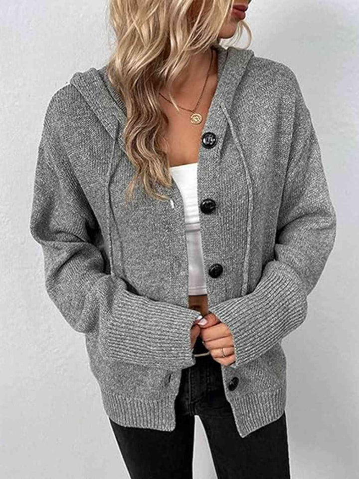 Button Up Drawstring Long Sleeve Hooded Cardigan |1mrk.com