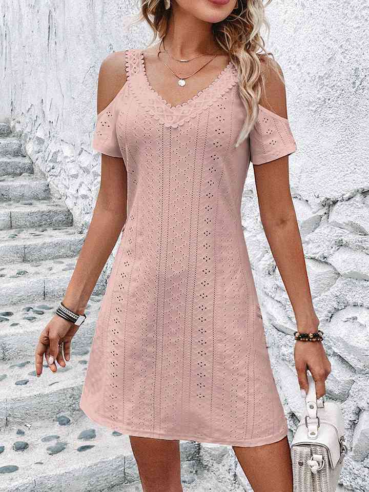 Eyelet V-Neck Cold-Shoulder Dress |1mrk.com