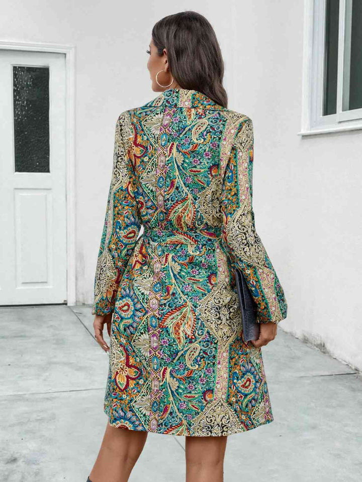 Printed Collared Neck Long Sleeve Dress |1mrk.com