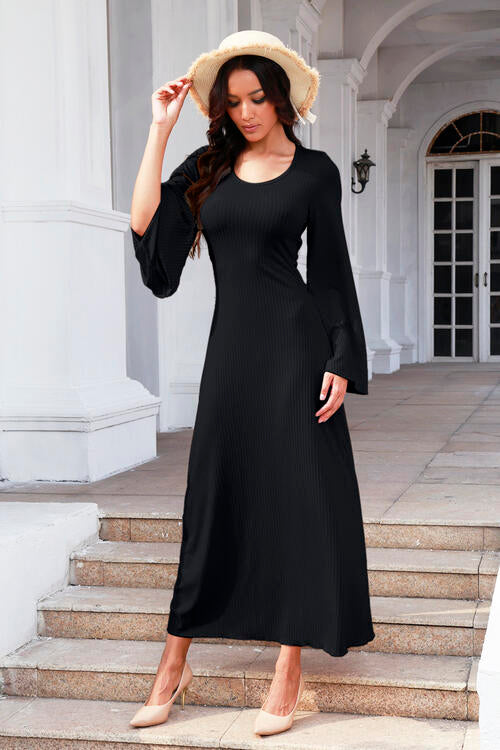 Tie Back Ribbed Round Neck Long Sleeve Dress | 1mrk.com