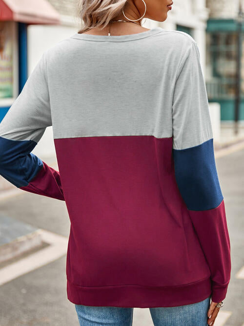 Color Block Cutout Round Neck Long Sleeve T-Shirt | 1mrk.com