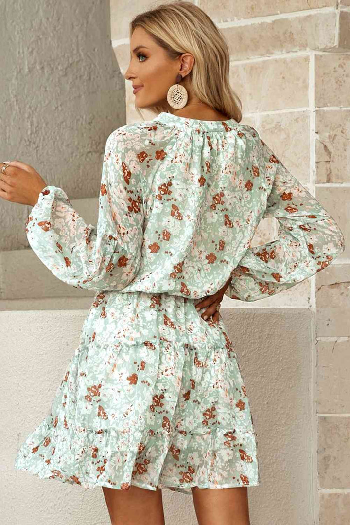 Floral Frill Trim Puff Sleeve Notched Neck Dress |1mrk.com