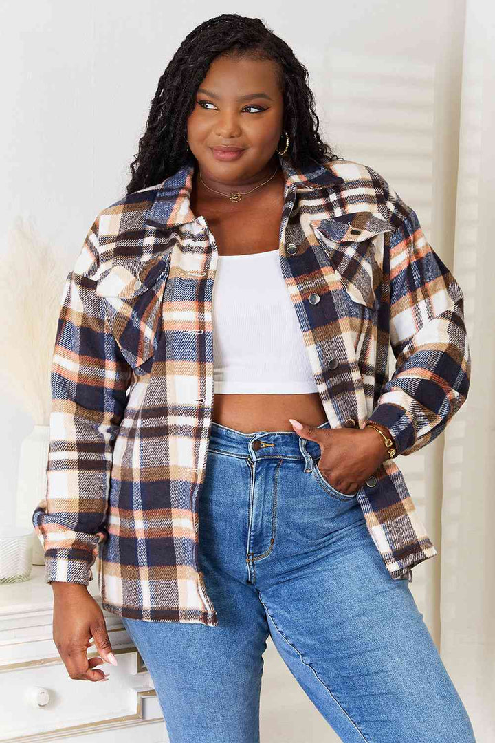 Double Take Plaid Button Front Shirt Jacket with Breast Pockets |1mrk.com